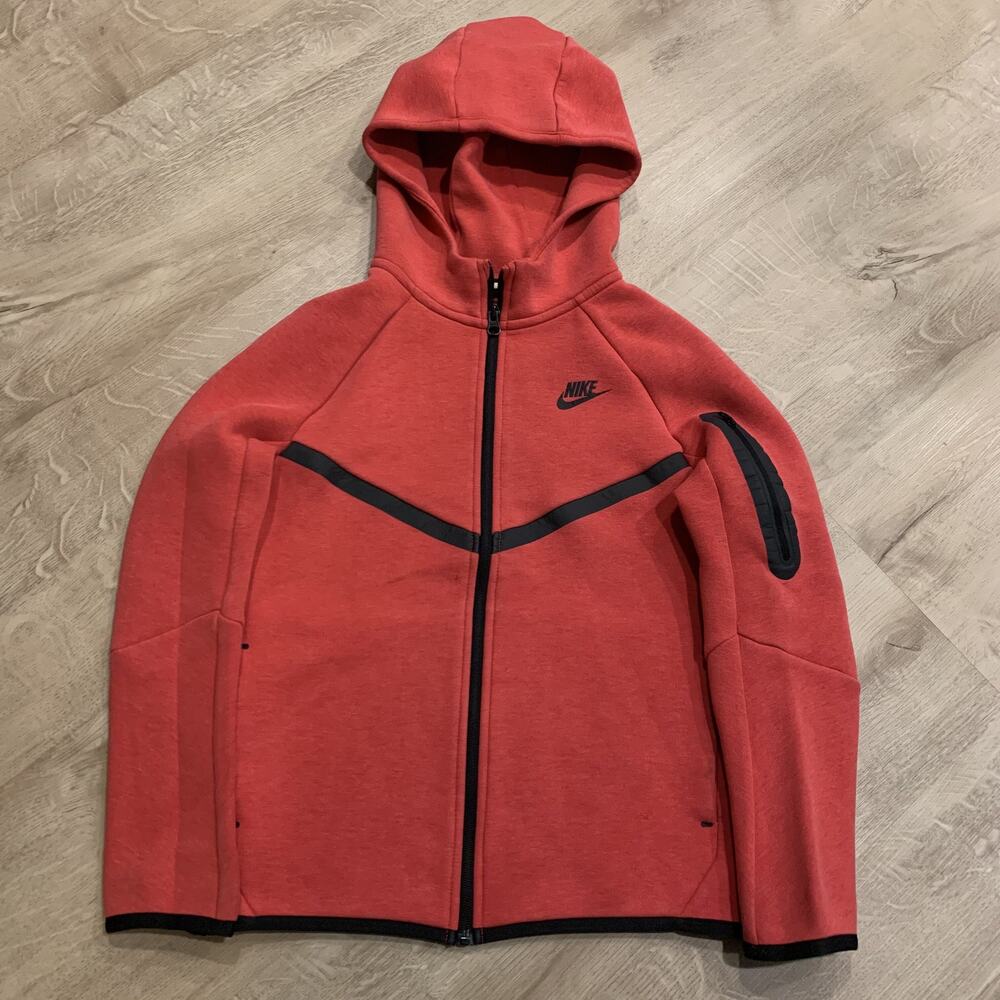 Nike Sportswear Tech Fleece Hoodie Youth Boys Large L Red HV5867-672 Full Zip